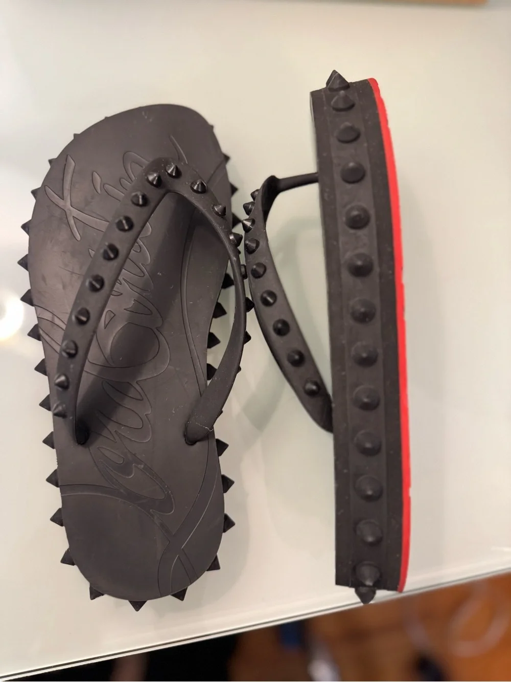 Christian Louboutin Black Studded Platform Flip Flops